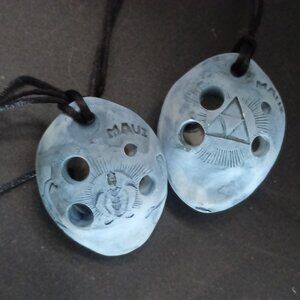 2 Vintage Maui Clay Flute Whistle Necklace Ocarina Hand Crafted SETof 2